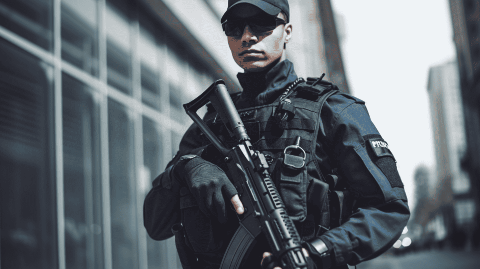 Home armed security officer holding gun